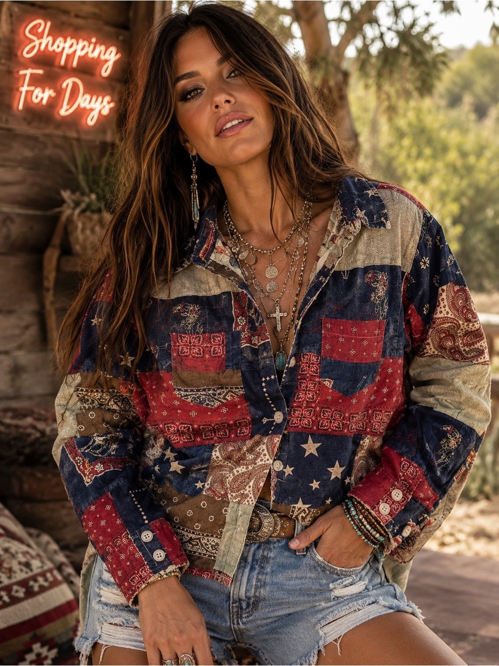 Patchwork Button-Down Shirt in Red, Blue & Cream